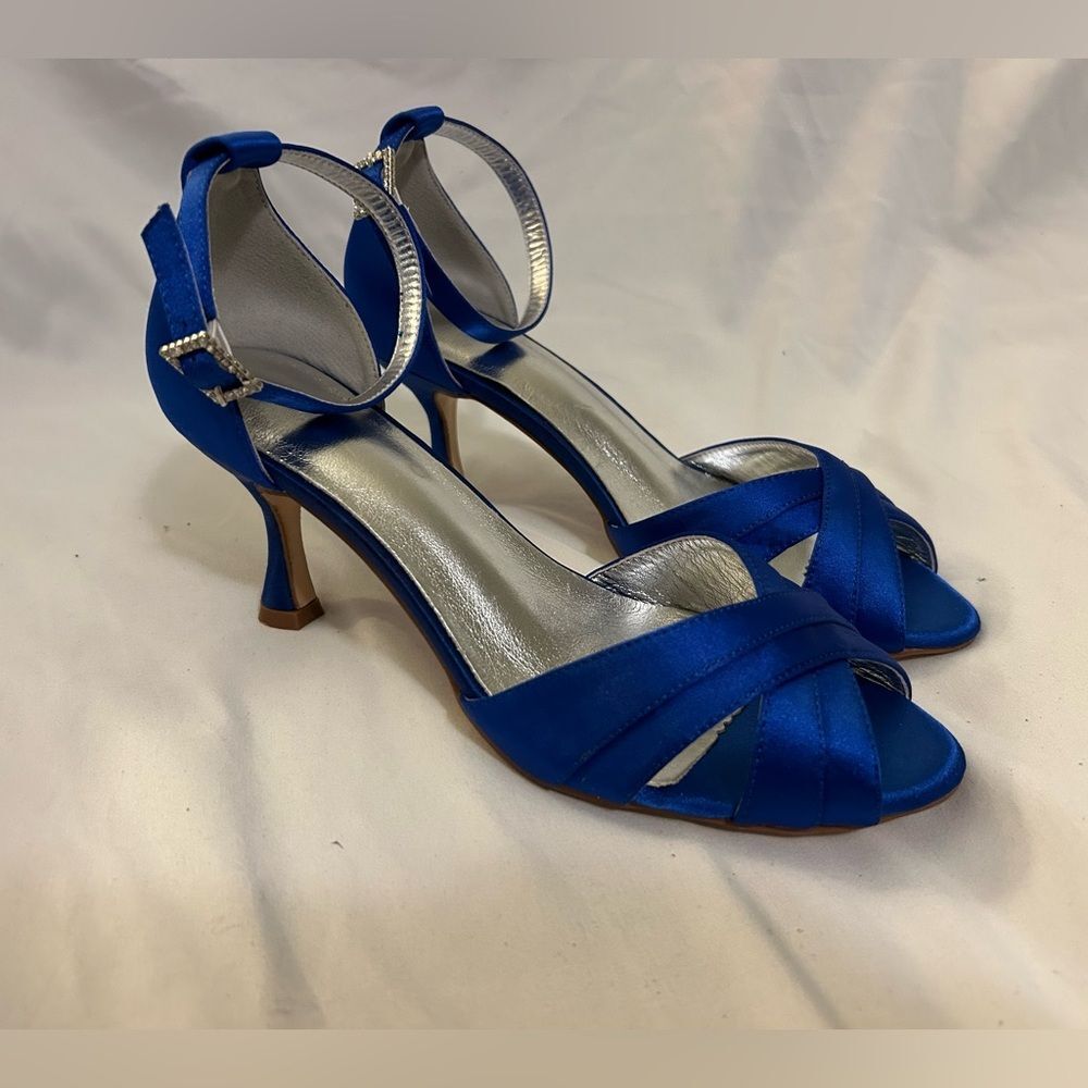 Women Peep Toe Ankle Strap High Heel Bridal Sandals Wedding Blue size 6.5-7 - Picture 2 of 11